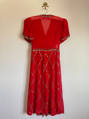 1940s Red Silk Chiffon Sequin Embroidered Dress Tulip Puff Sleeve
