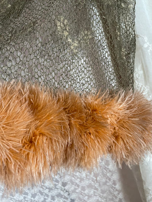 1920s Gold Lamé Lace Orange Marabou Feather Skirt