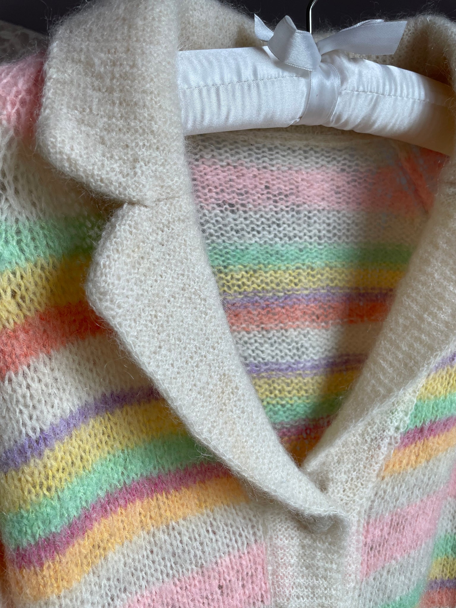 1960s Rainbow Pink Green Mohair Wool Knit Cardigan Sweater