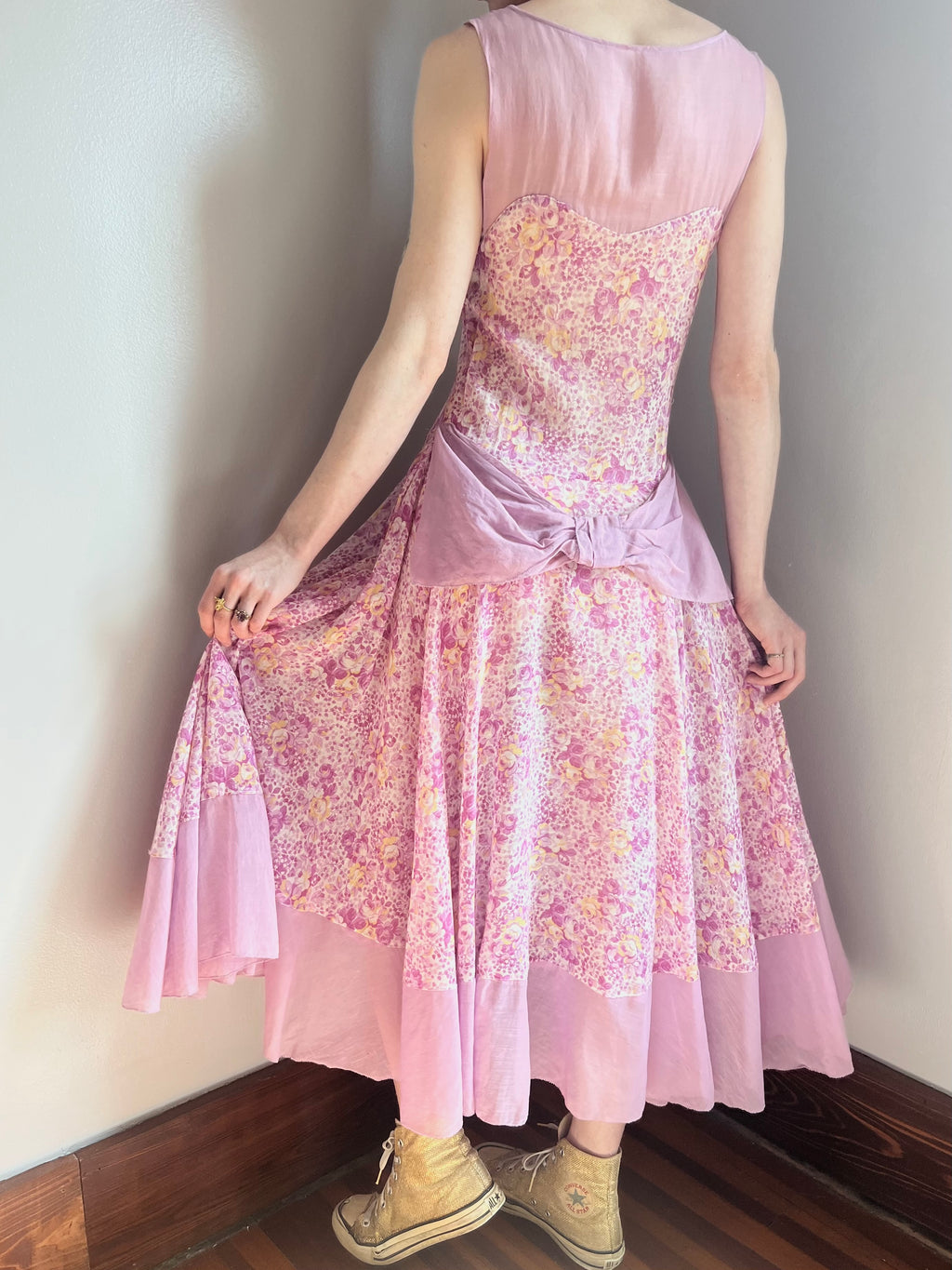 1930s Rose Floral Printed Cotton Bias Cut Dress Gown Bow Purple Yellow