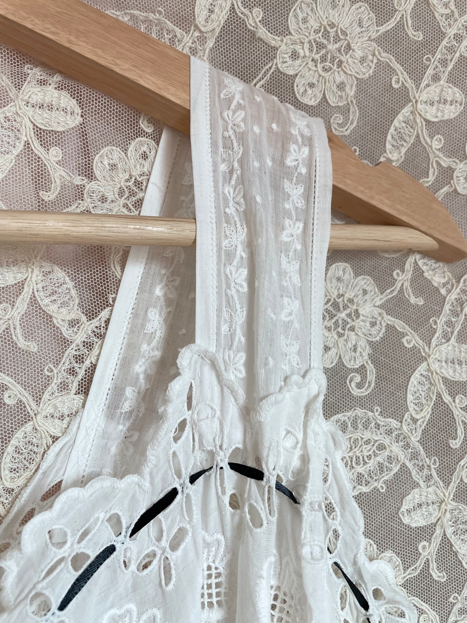 Antique Edwardian 1900s White Cotton Floral Embroidered Eyelet Black Ribbon Slip Dress