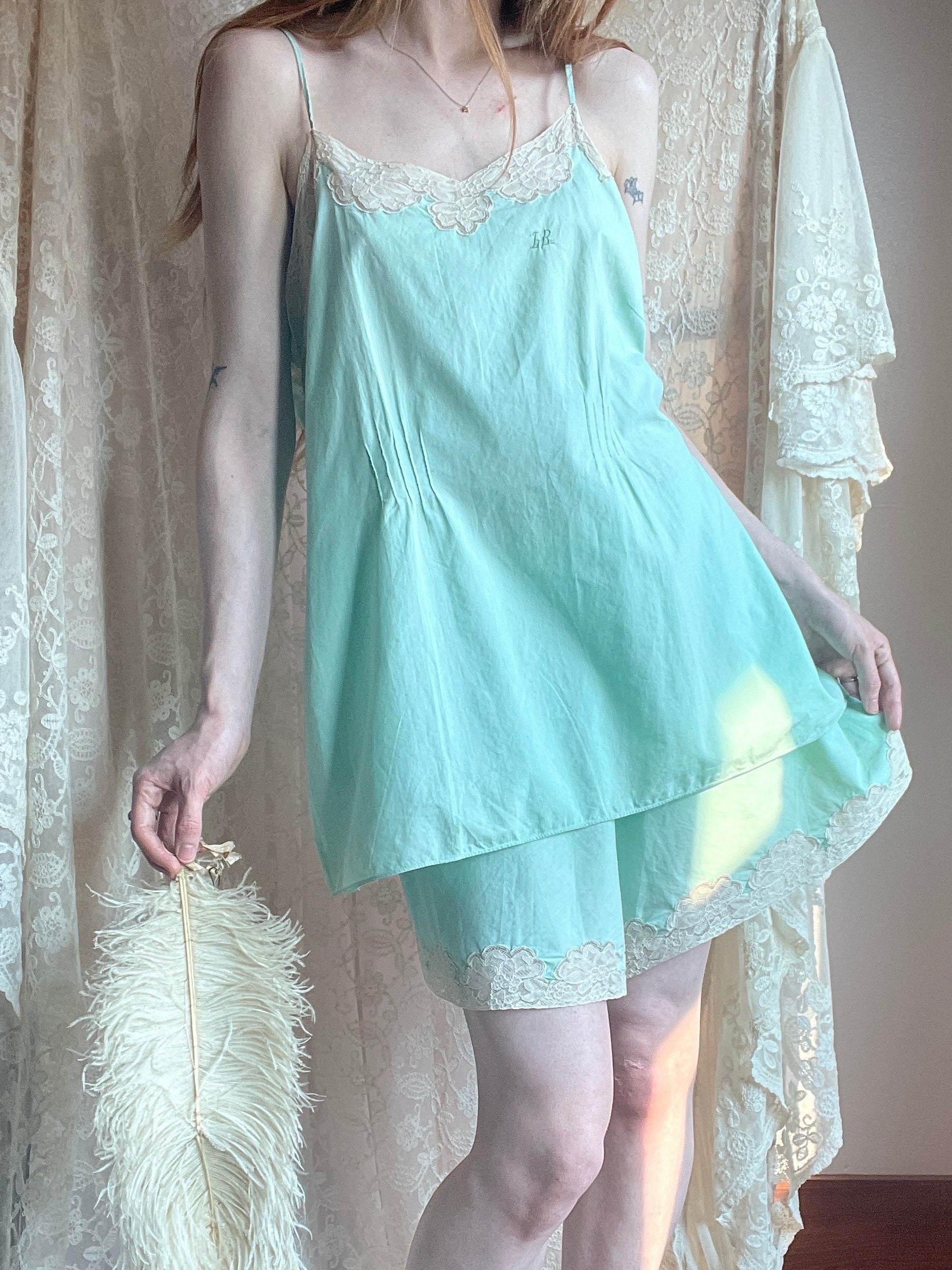 1930s Cotton Mint Green Top and Shorts Set Monogram Lace – Breath