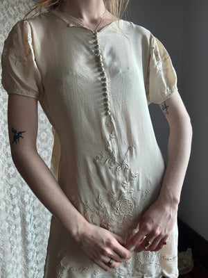 1930s Silk Floral Embroidered Mini Dress Cream Puff Sleeve Covered Buttons