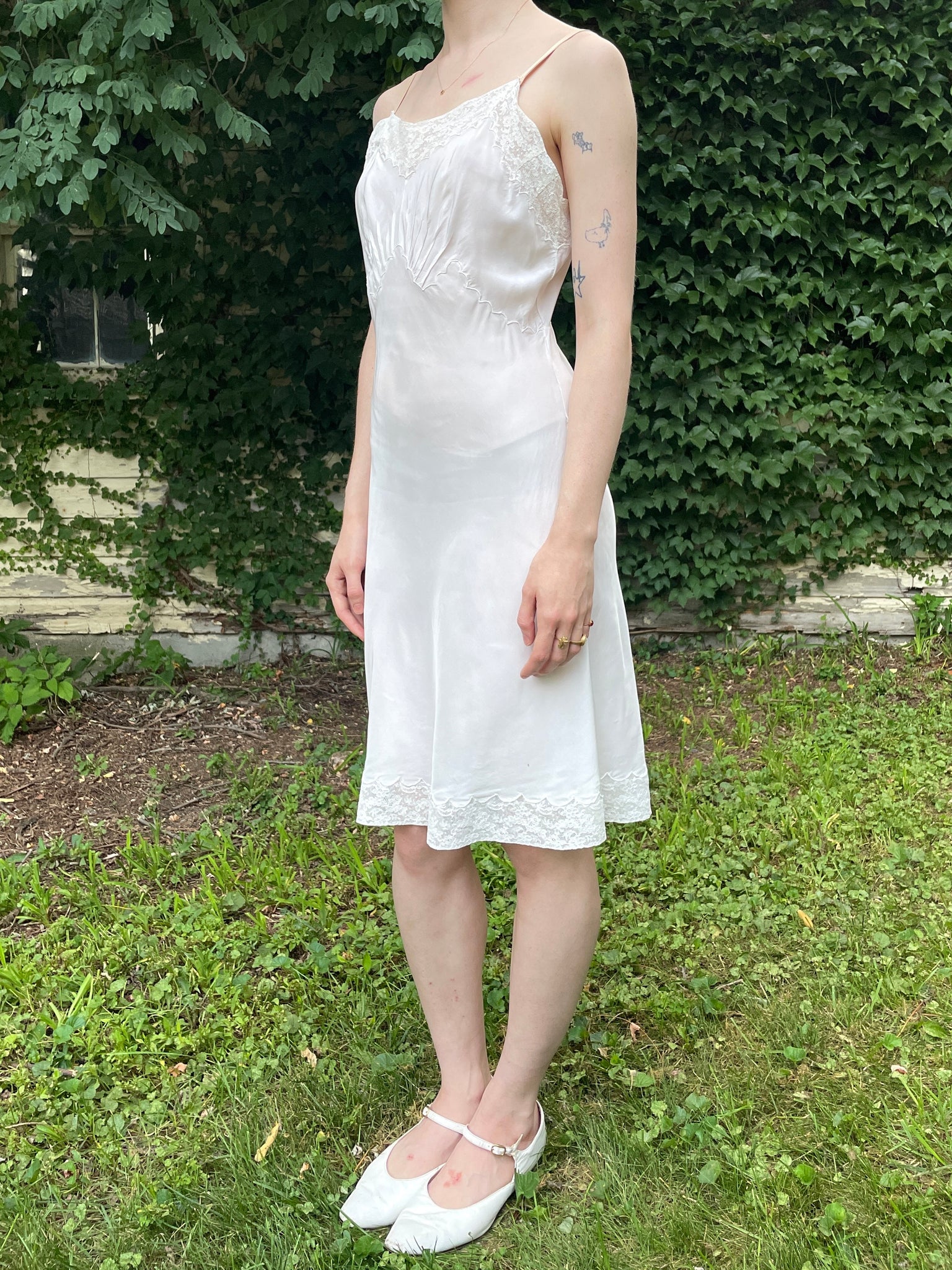 1940s White Rayon Bias Cut Slip Dress Scallop and Lace