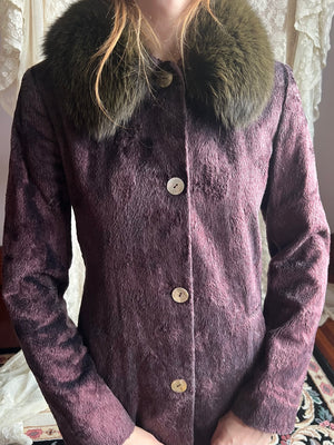 1990s Purple and Green Faux Fur Lightweight Coat Jacket