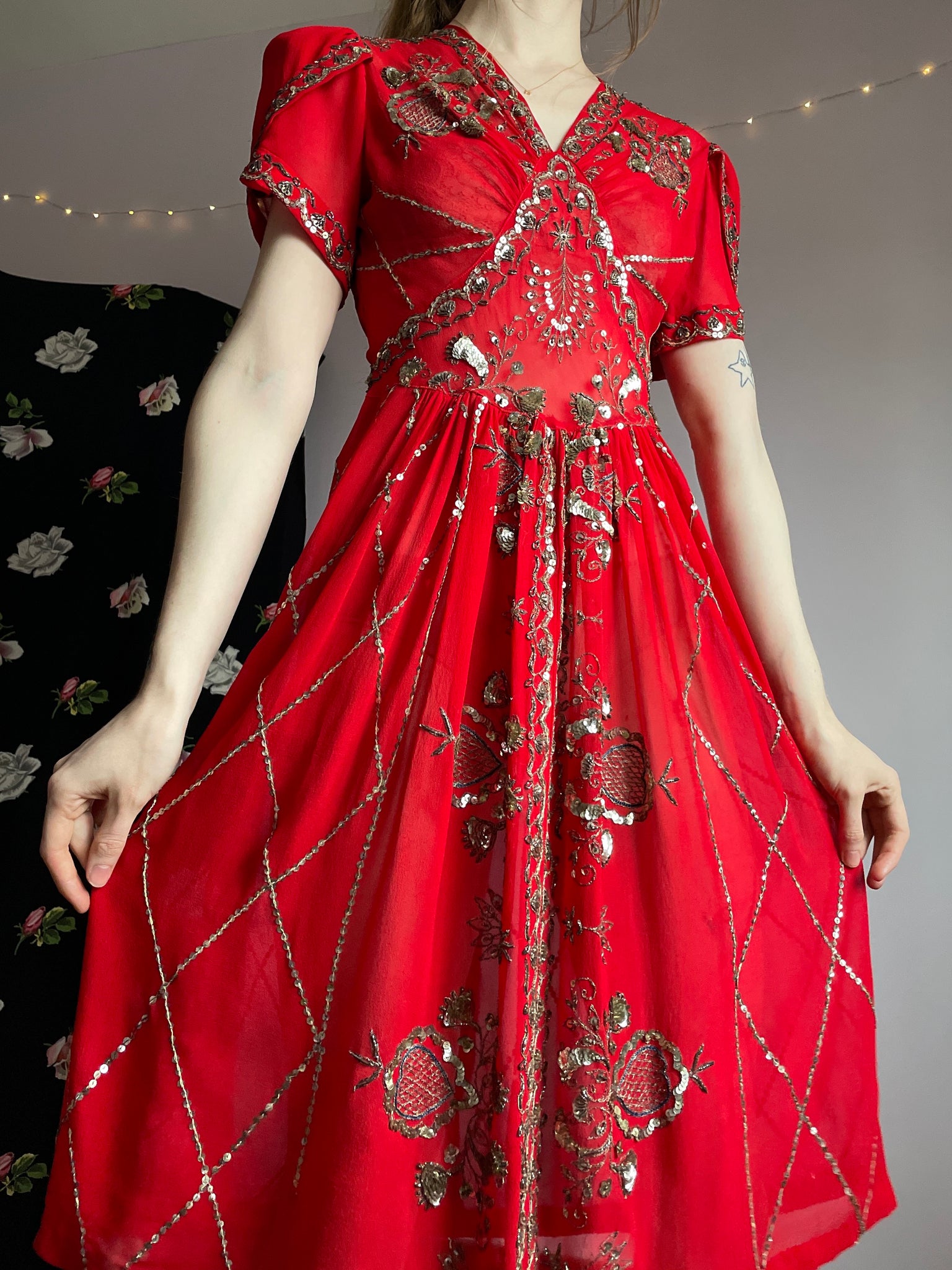 1940s Red Silk Chiffon Sequin Embroidered Dress Tulip Puff Sleeve