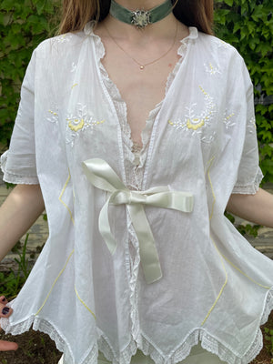 1900s White Cotton Embroidered Yellow Ribbon Tie Top