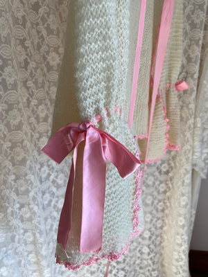 1940s Crochet Bolero Cardgian Cream Pink Ribbon Bow