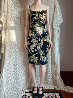 1990s Betsey Johnson Butterfly Print Rayon Crepe Black Floral Bias Cut Breath Of the Earth 1990s Betsey Johnson Butterfly Print Rayon Crepe Black Floral Bias Cut Breath Of the Earth