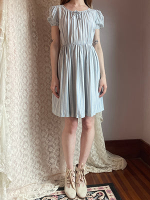 1940s Puff Sleeve Light Blue White Striped Dress