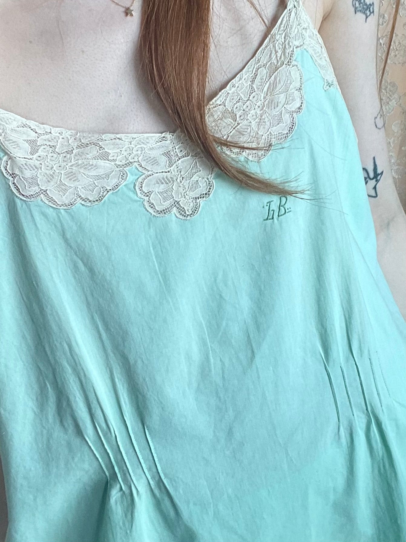 1930s Cotton Mint Green Top and Shorts Set Monogram Lace