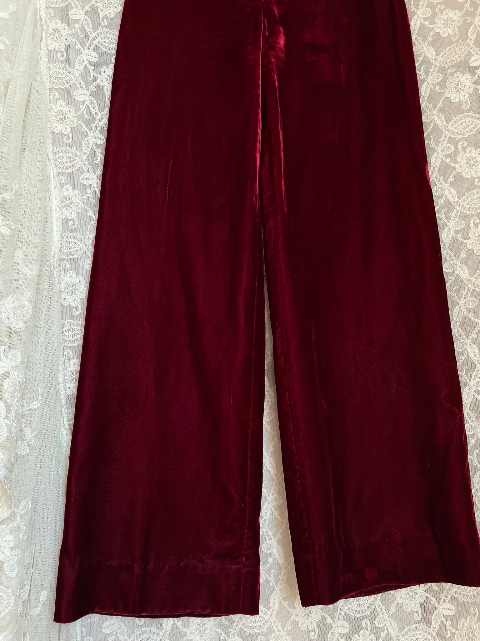 1970s Maroon Dark Red Velvet Pants Wide Leg