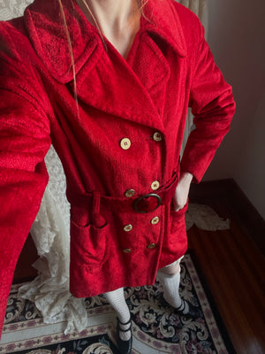 1970s Red Velvet Coat Double Breasted Gold Buttons O Ring Belt