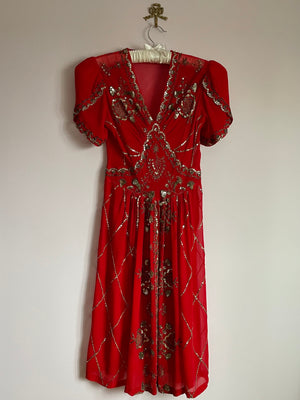 1940s Red Silk Chiffon Sequin Embroidered Dress Tulip Puff Sleeve