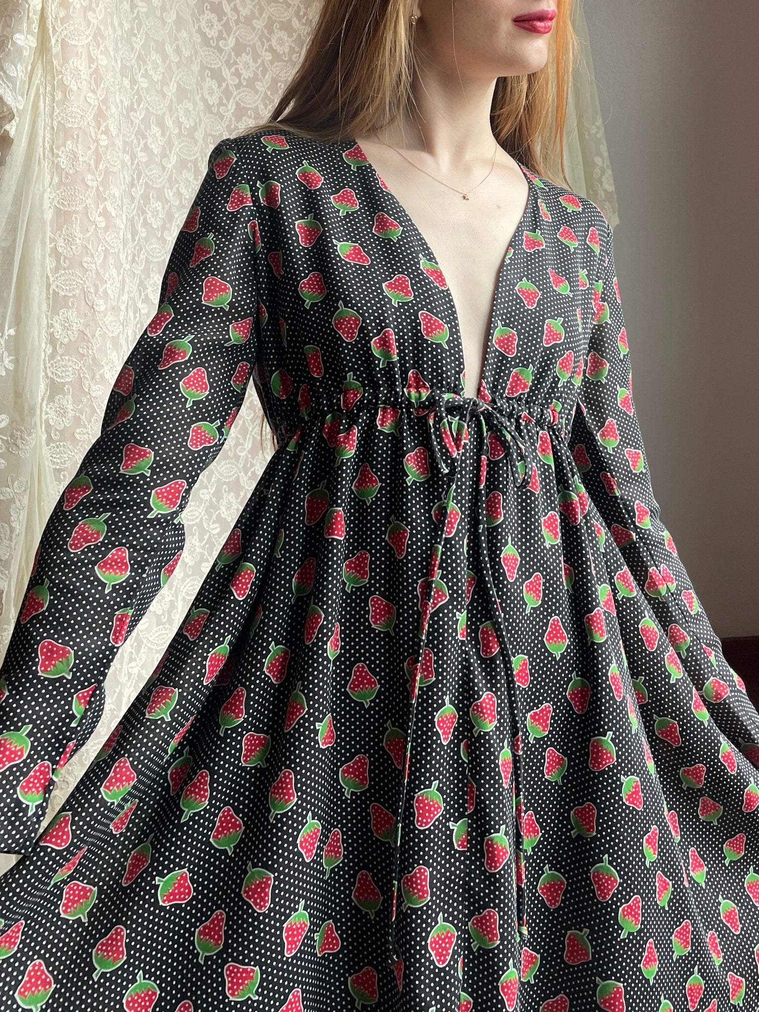 1970s Young Edwardian Strawberry Print Dotted Black Red Cotton Mini Dress