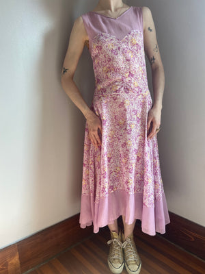 1930s Rose Floral Printed Cotton Bias Cut Dress Gown Bow Purple Yellow