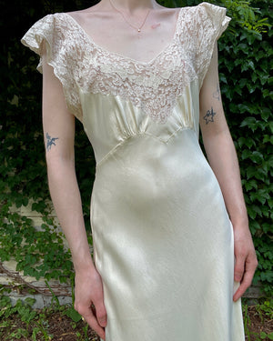 1930s Cream Silk Bias Cut Slip Dress Floral Appliqué