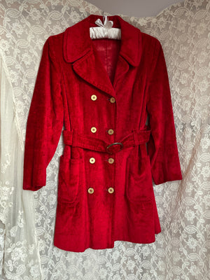 1970s Red Velvet Coat Double Breasted Gold Buttons O Ring Belt