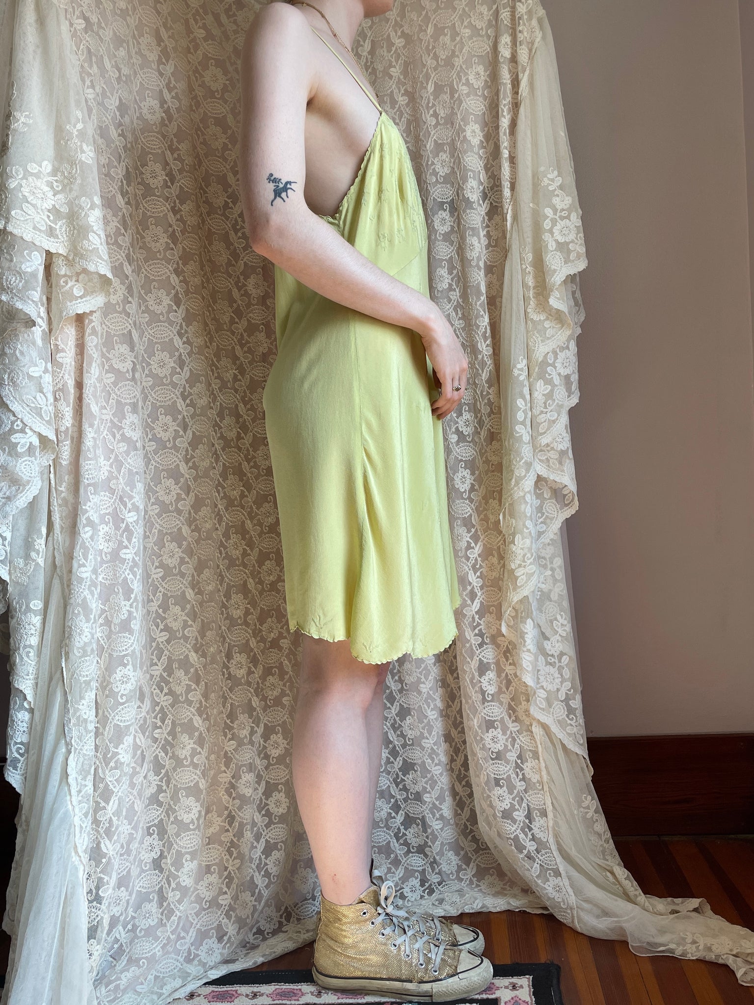 1930s Chartuese Green Silk Hand Embroidered Slip Dress