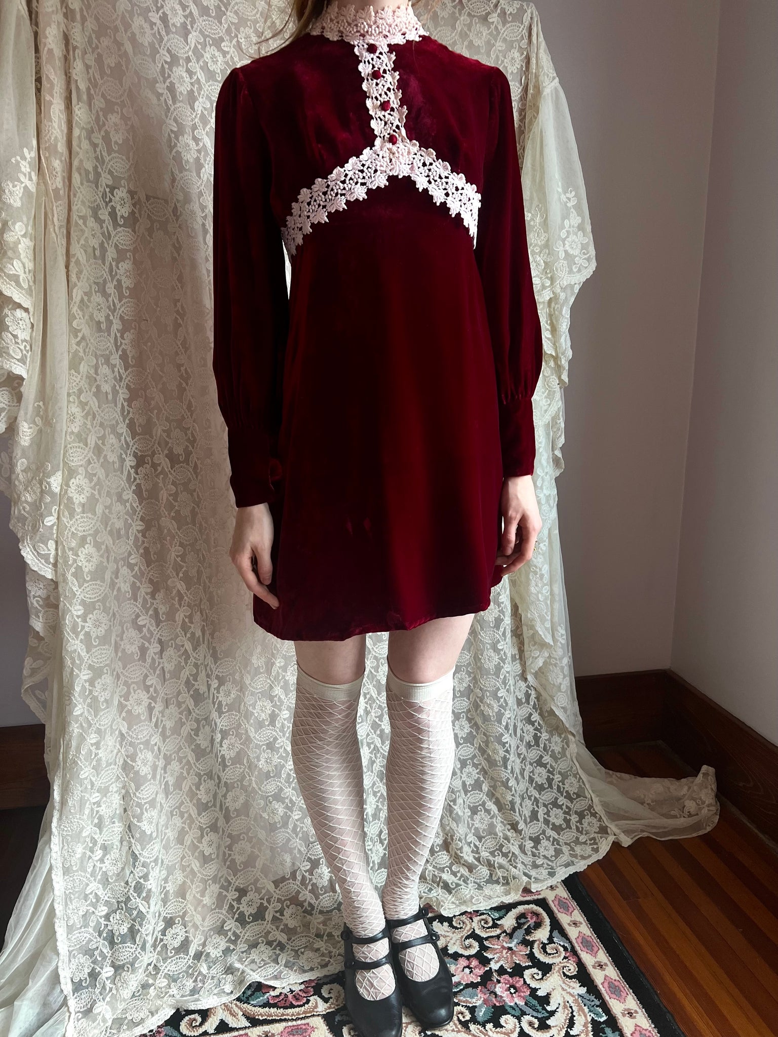 1970s Maroon Velvet Mini Dress Long Sleeves Cream Lace Trim