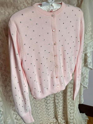 1950s Glass Rhinestone Sparkley Pink Cardigan