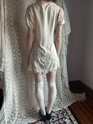 1930s Silk Floral Embroidered Mini Dress Cream Puff Sleeve Covered Buttons