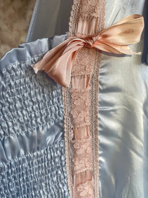 1940s Deadstock Light Blue Rayon Satin Cap Sleeve Pink Ribbon Bow  Bias Cut Dress