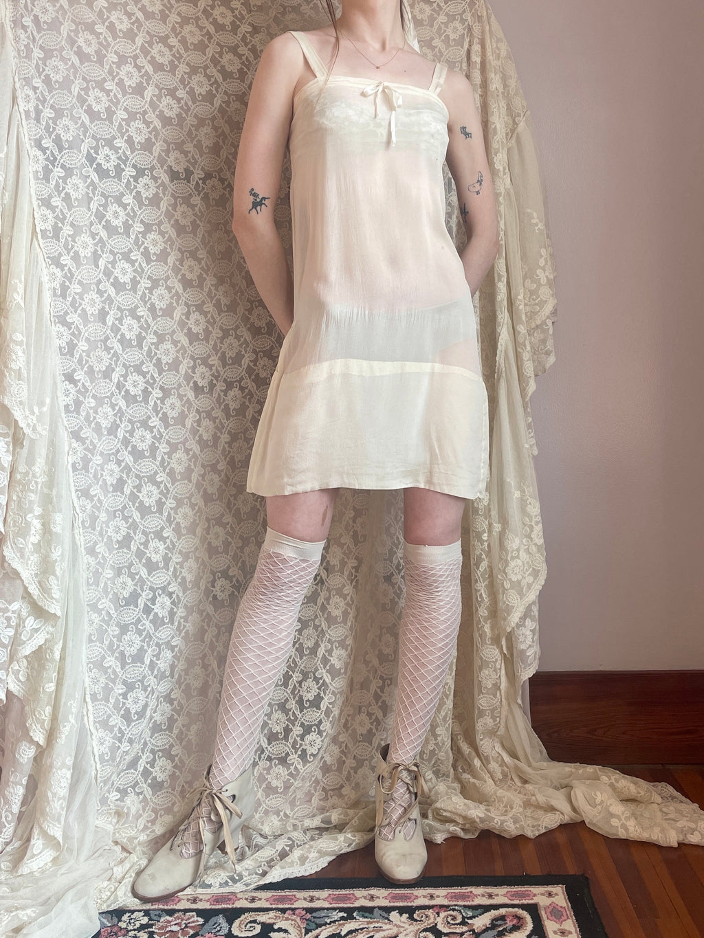 1920s Silk Chiffon Slip Dress Cream Bow Ribbon