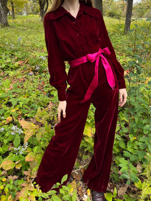 1970s Maroon Red Velvet Jumpsuit Flared Wide Leg Collared