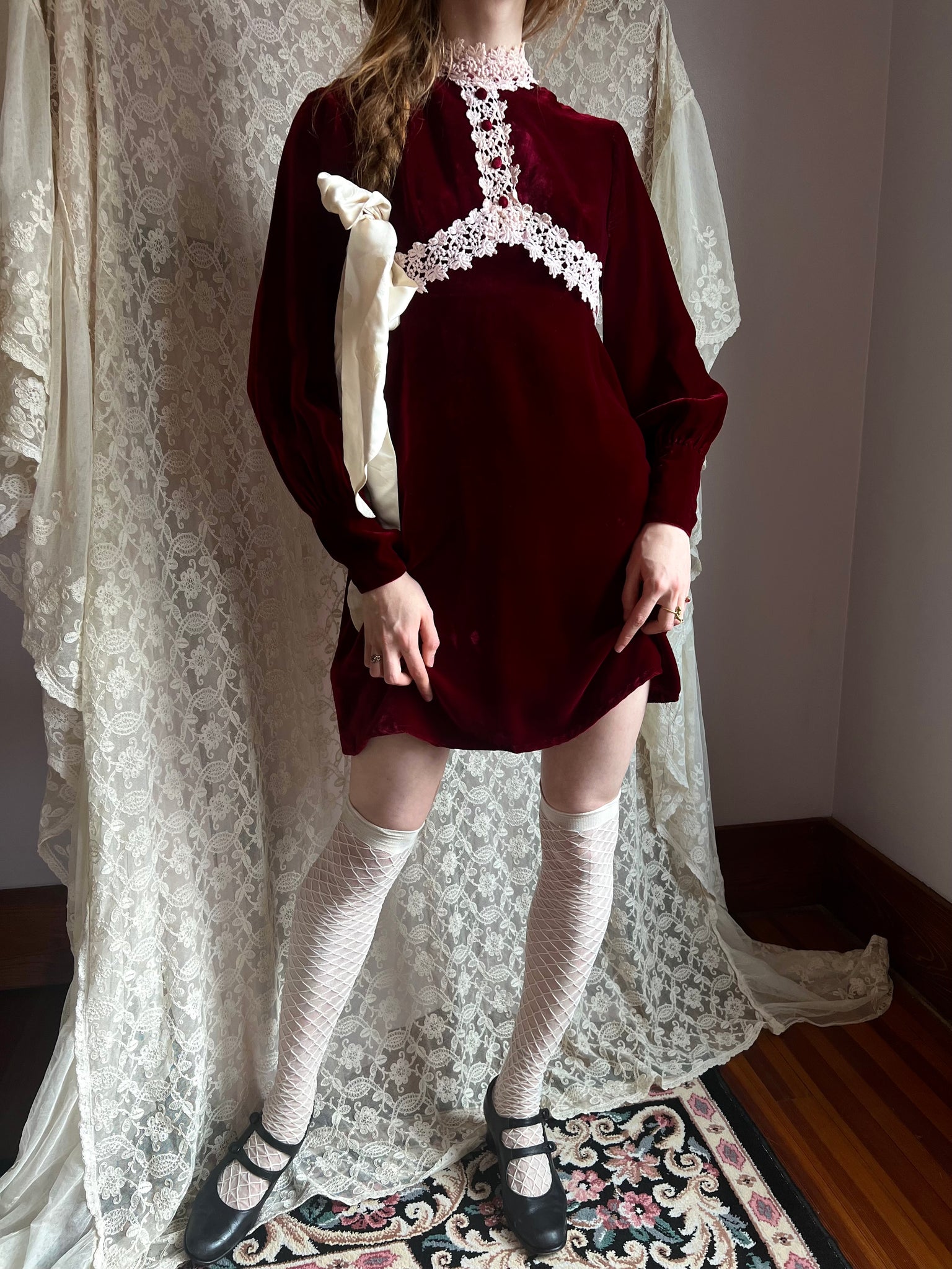 1970s Maroon Velvet Mini Dress Long Sleeves Cream Lace Trim