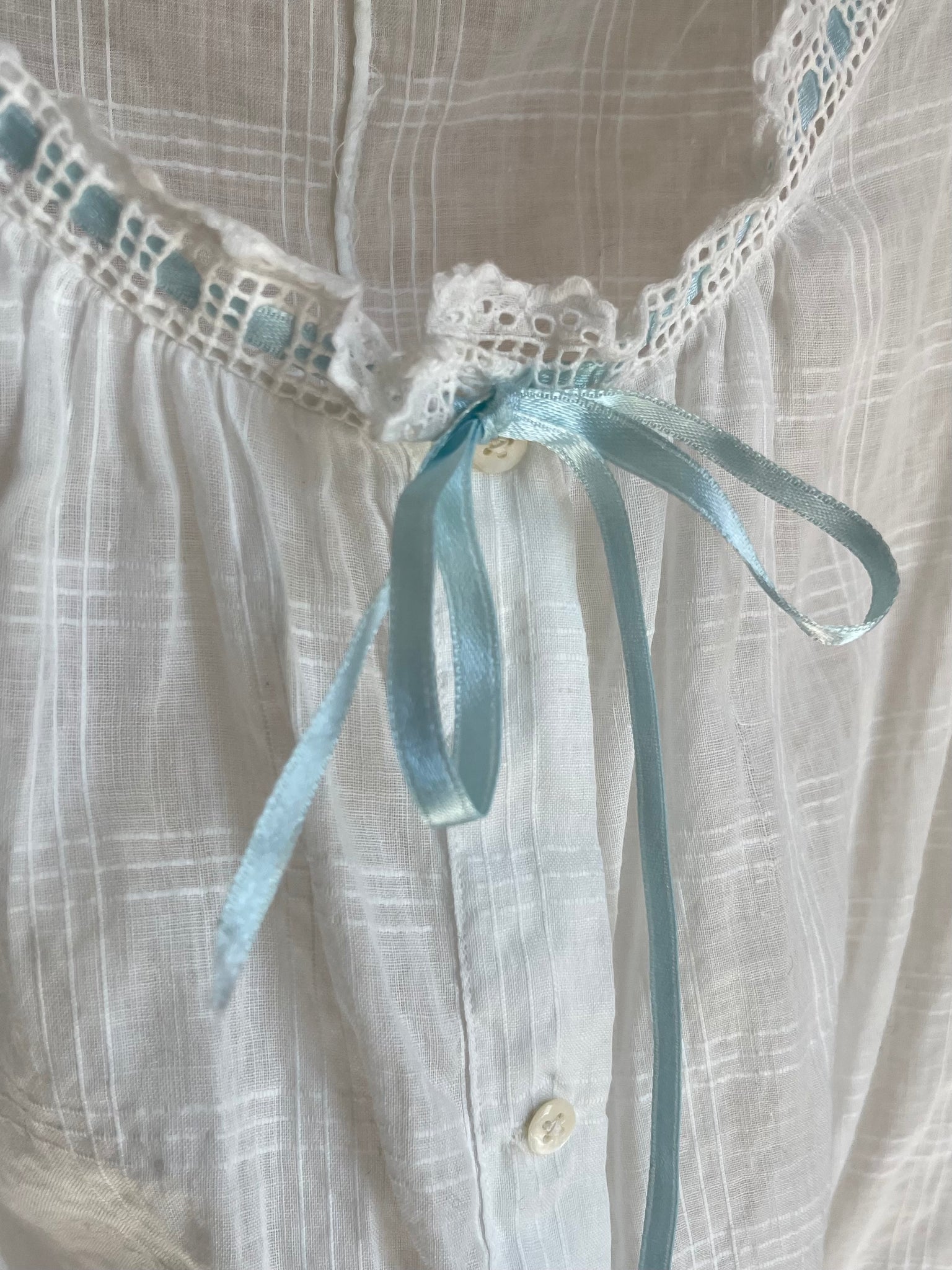 1900s Corset Cover Window Pane White Cotton Light Blue Ribbon Bow