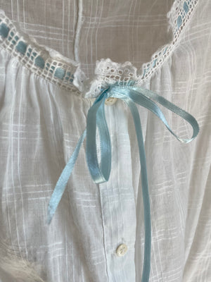 1900s Corset Cover Window Pane White Cotton Light Blue Ribbon Bow