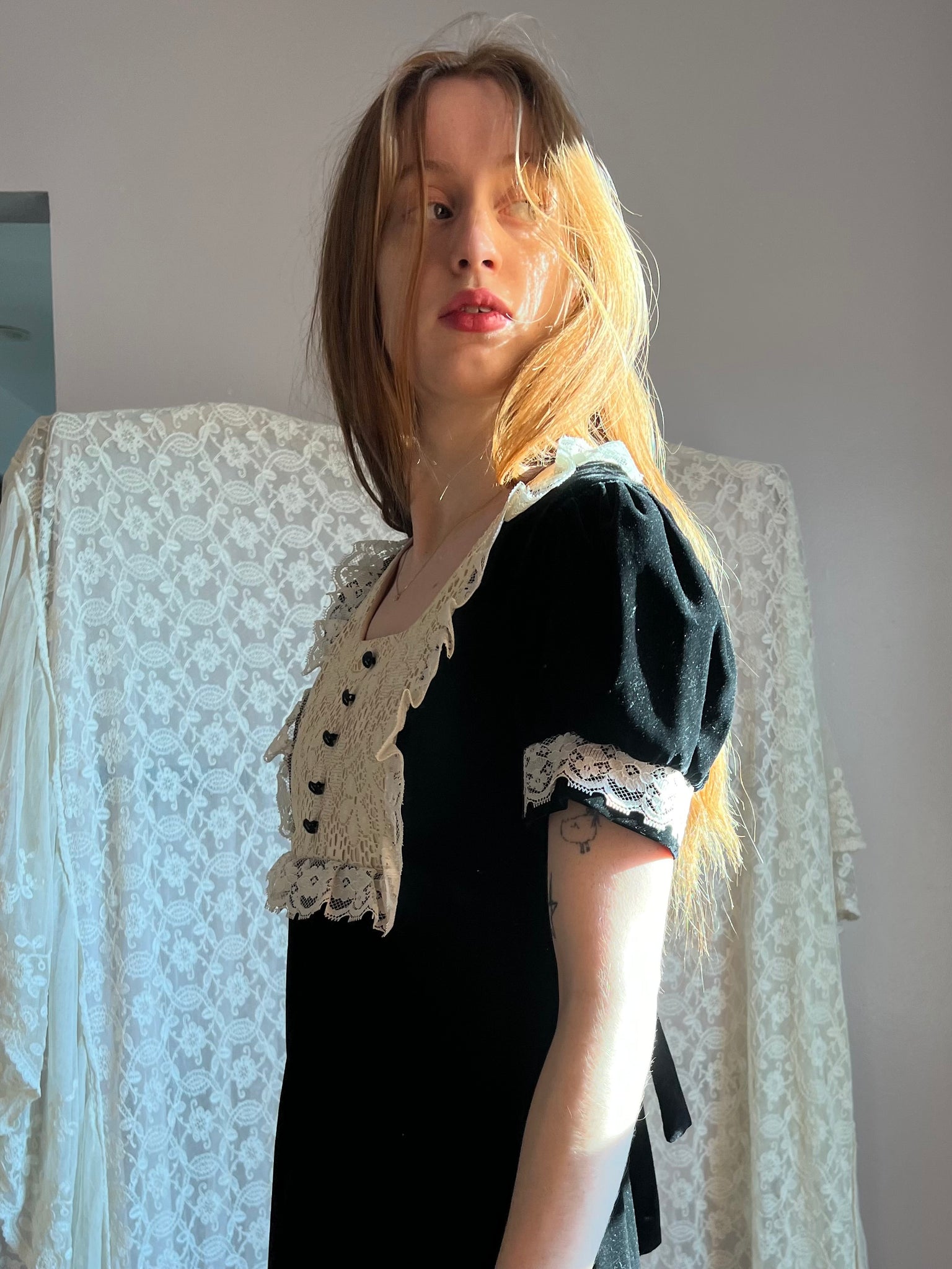 1970s Black Velvet Puff Sleeve Lace Dress