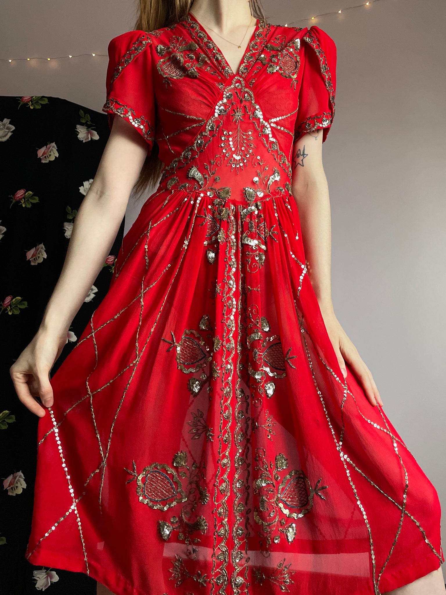 1940s Red Silk Chiffon Sequin Embroidered Dress Tulip Puff Sleeve Breath Of the Earth 1940s Red Silk Chiffon Sequin Embroidered Dress Tulip Puff Sleeve Breath Of the Earth
