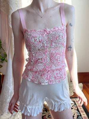 1970s Pink White Crochet Tank Top Ribbon Bow