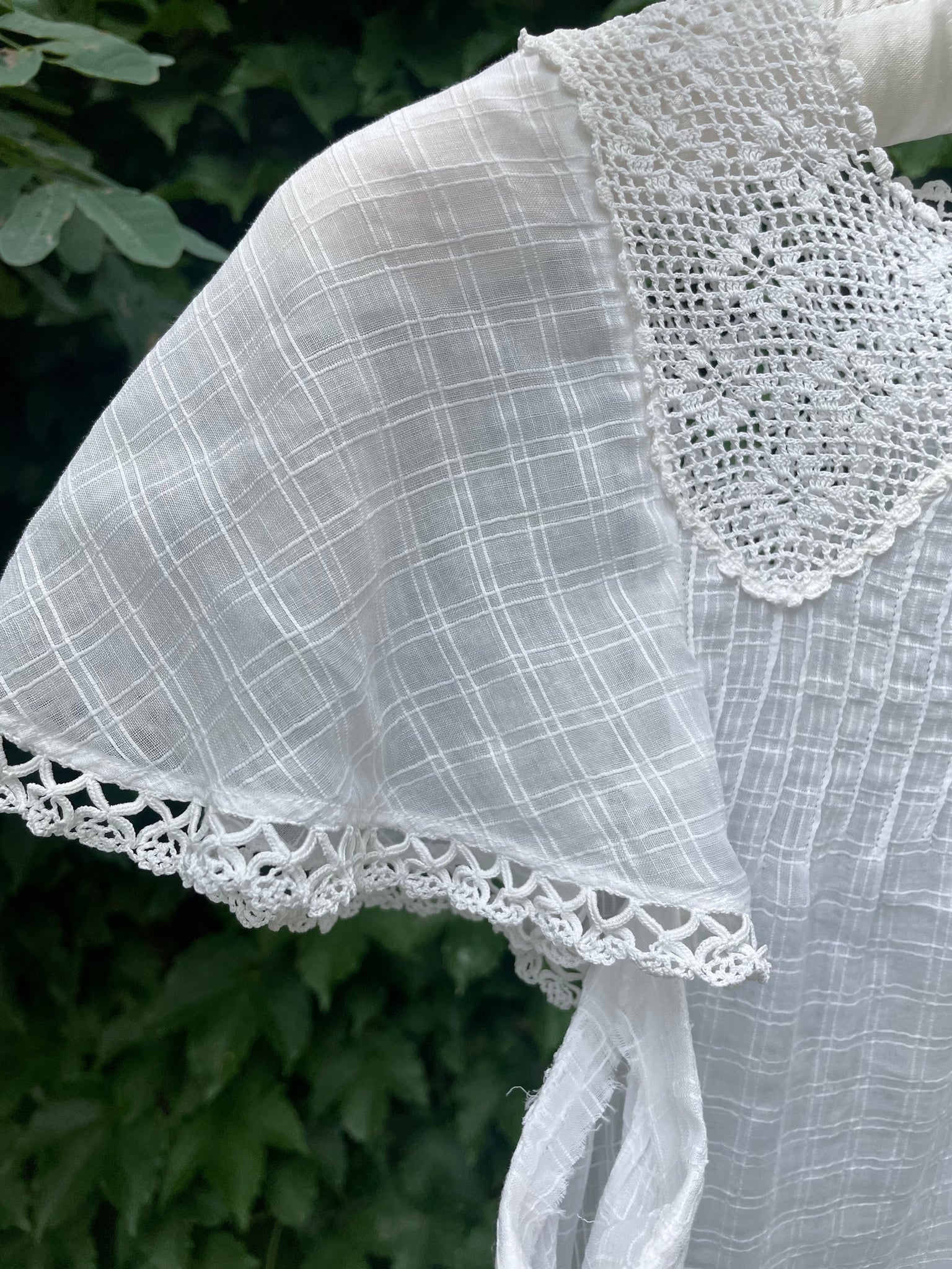 1920s White Cotton Windowpane Mini Dress Crochet Yoke