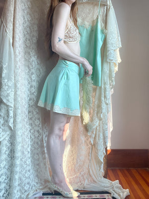 1930s Cotton Mint Green Top and Shorts Set Monogram Lace