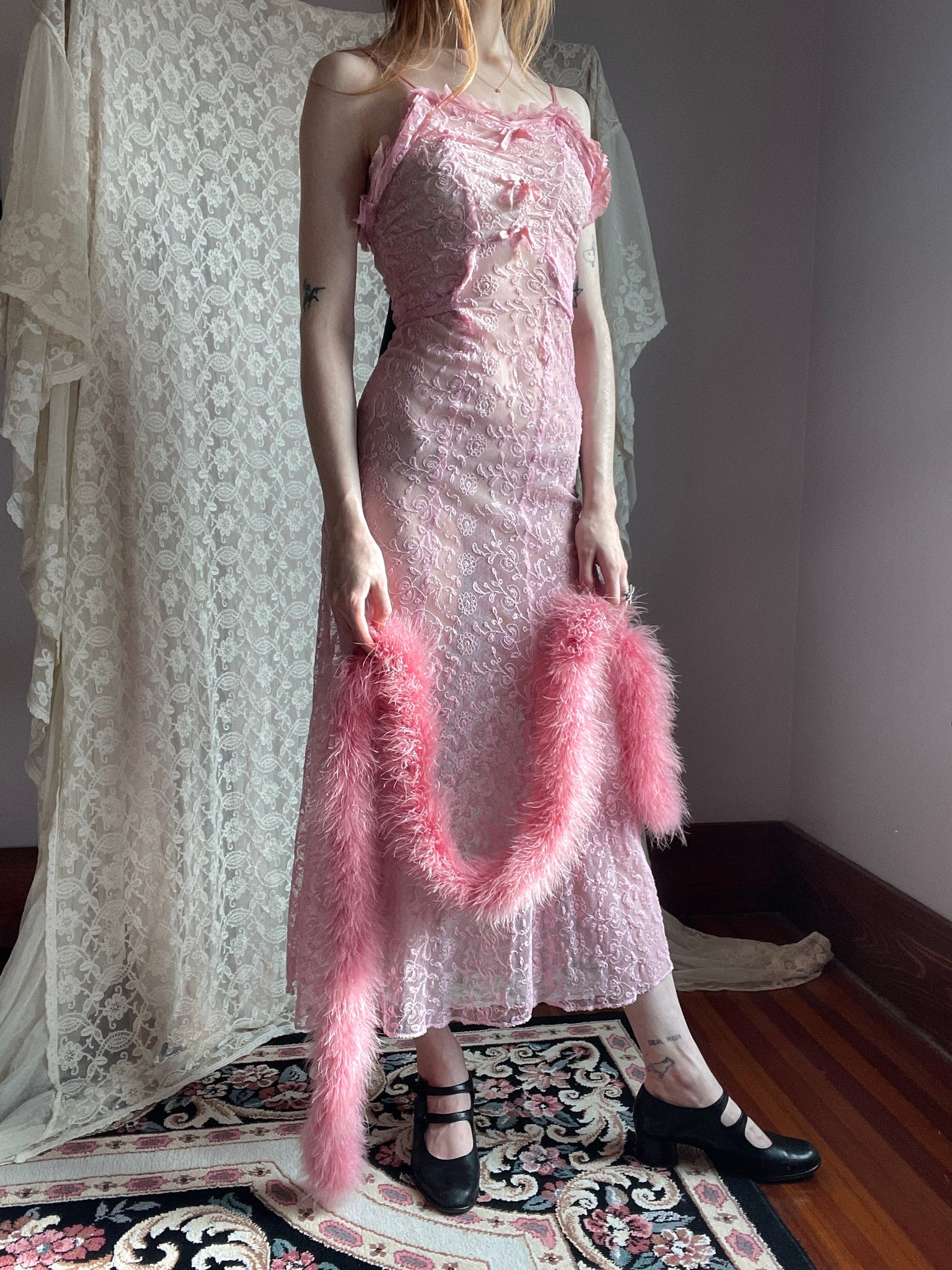 1930s Tambour Lace Embroidered Net Gown Bow Dress Dyed Pink