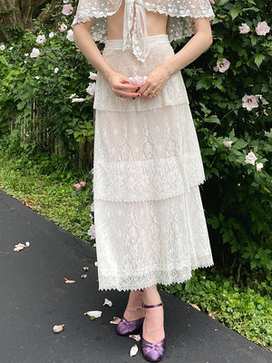 1910s White Mesh Floral Lace Tiered Skirt