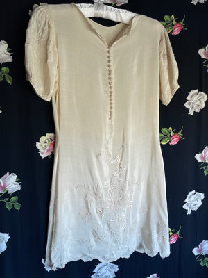 1930s Silk Floral Embroidered Mini Dress Cream Puff Sleeve Covered Buttons