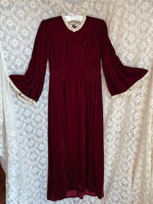 1970s Maroon Dark Red Velvet Maxi Dress Angel Sleeves Lace Trim