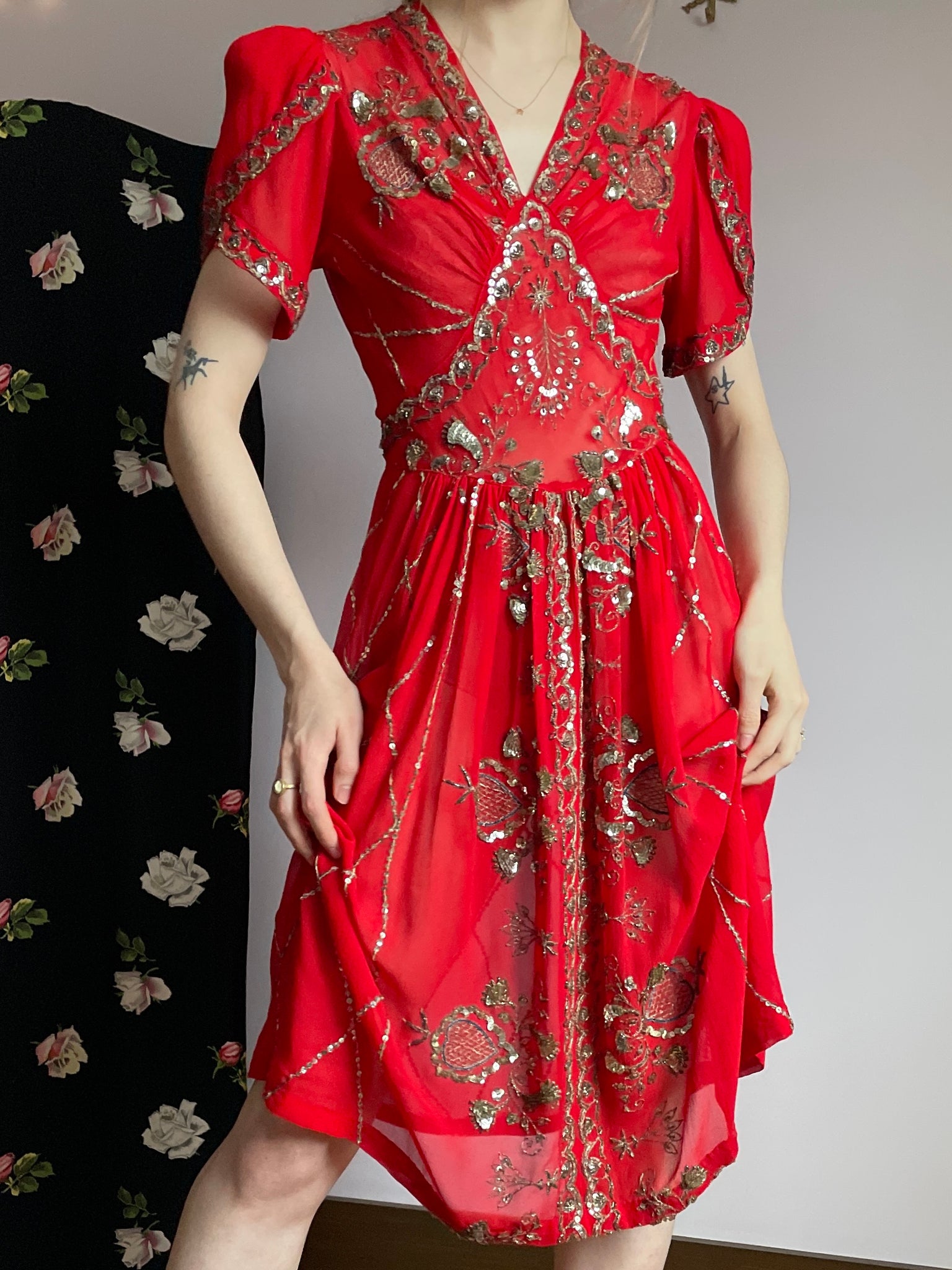 1940s Red Silk Chiffon Sequin Embroidered Dress Tulip Puff Sleeve