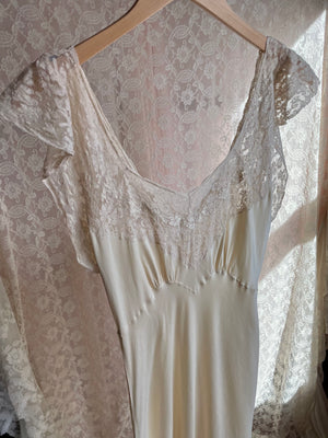 1930s Cream Silk Bias Cut Slip Dress Floral Appliqué