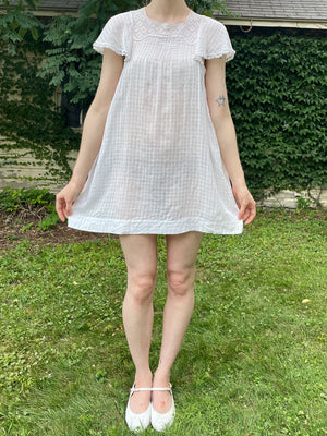 1920s White Cotton Windowpane Mini Dress Crochet Yoke