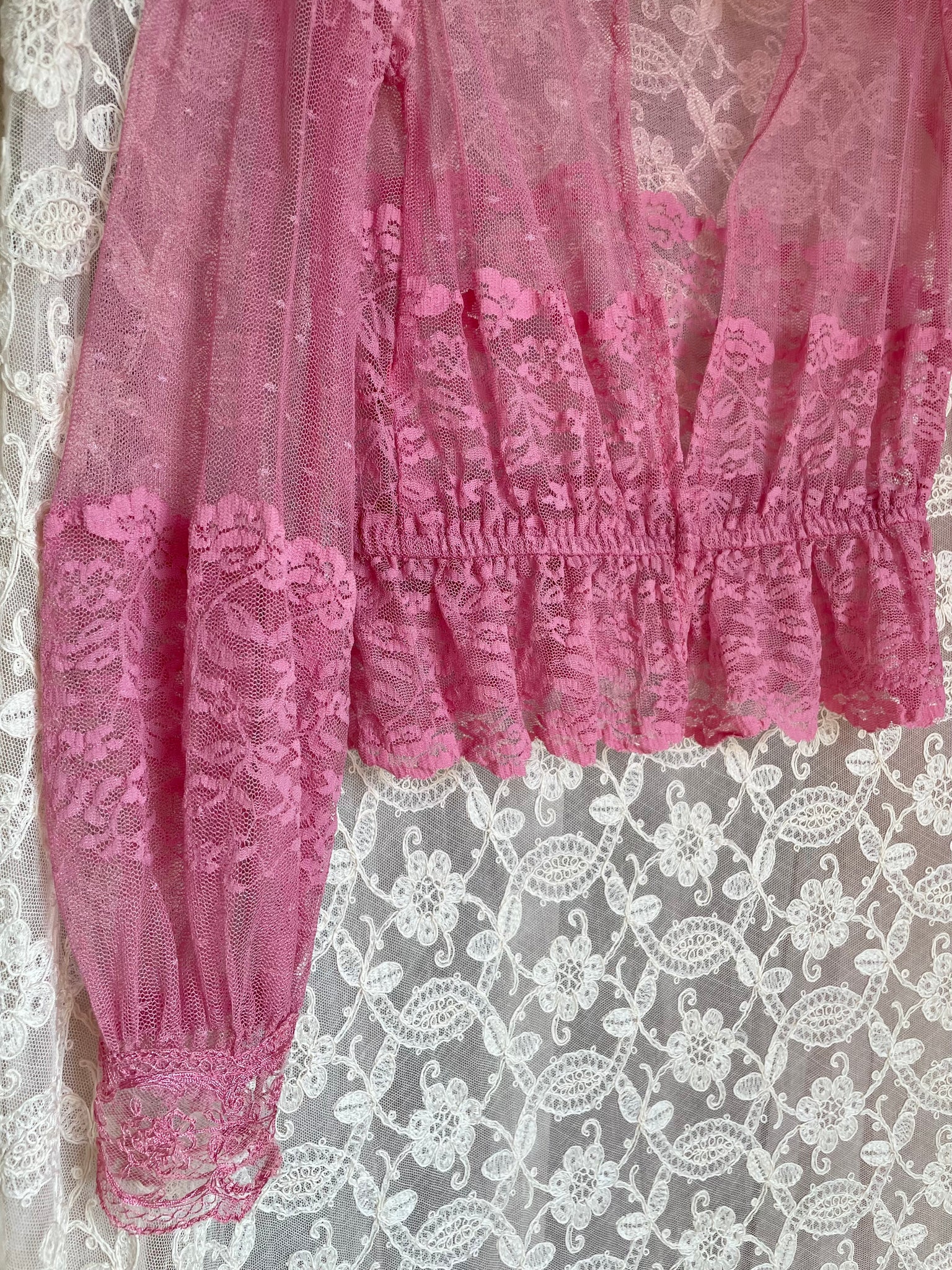 1970s Pink Mesh Blouse Lace Floral