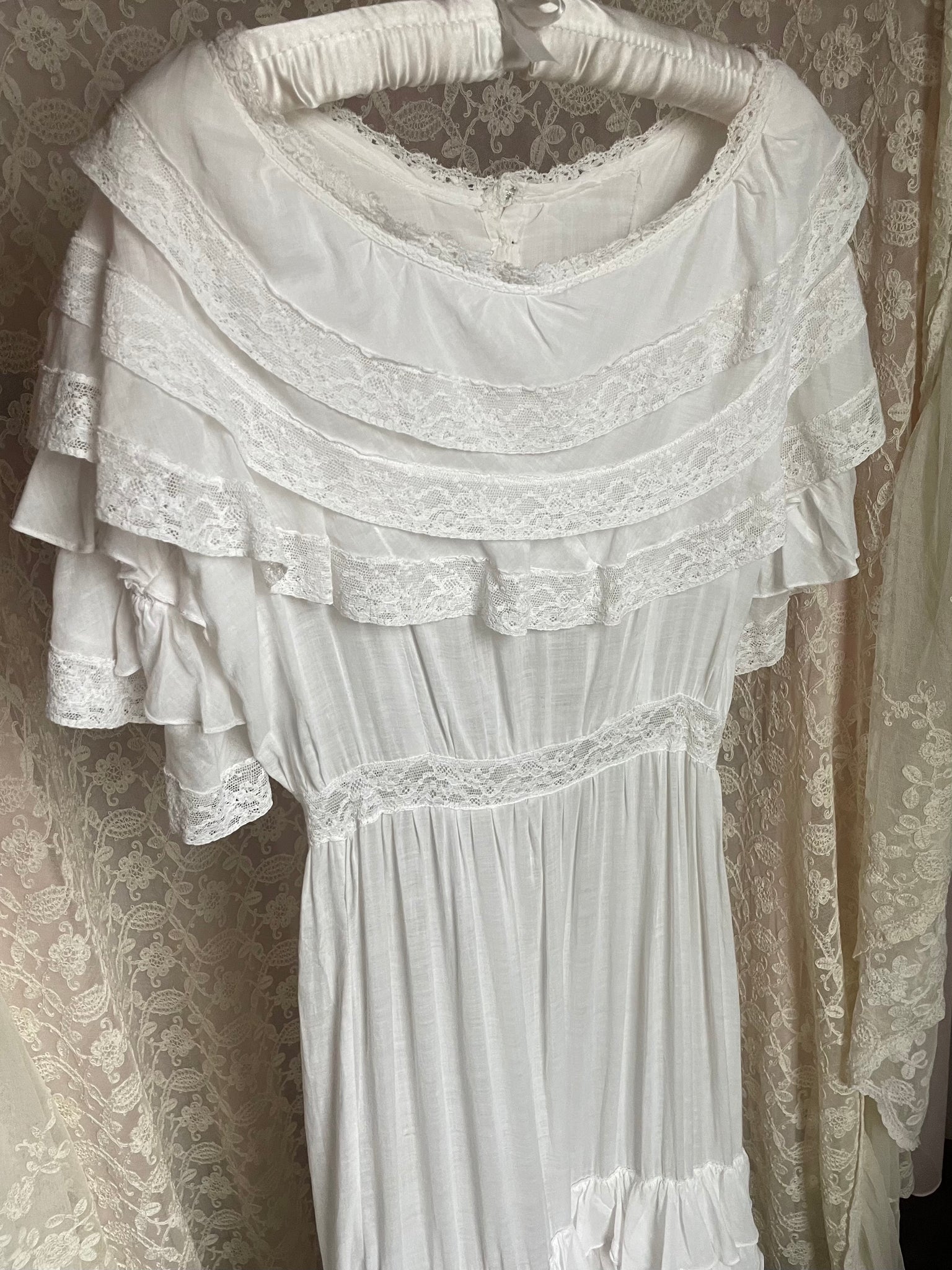 1910s White Cotton Ruffle Tiered Lace Dress