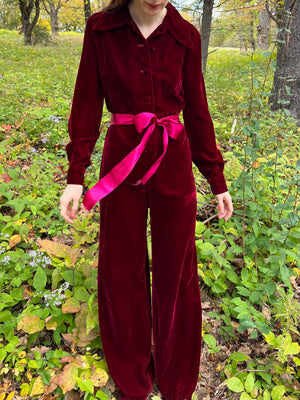 1970s Maroon Red Velvet Jumpsuit Flared Wide Leg Collared