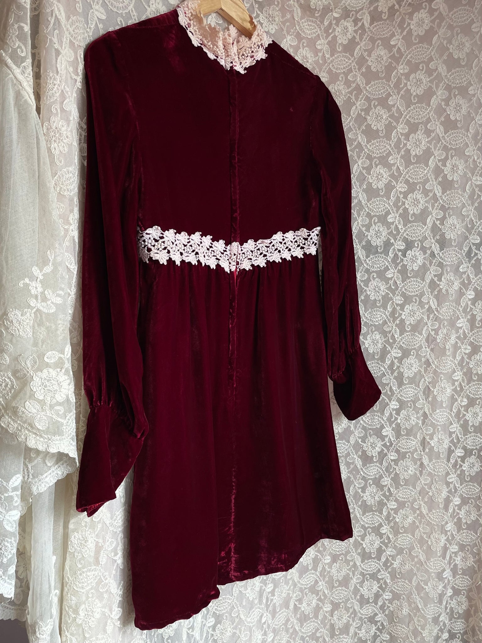 1970s Maroon Velvet Mini Dress Long Sleeves Cream Lace Trim