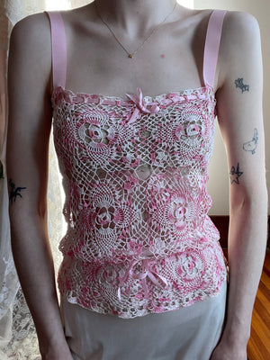 1970s Pink White Crochet Tank Top Ribbon Bow