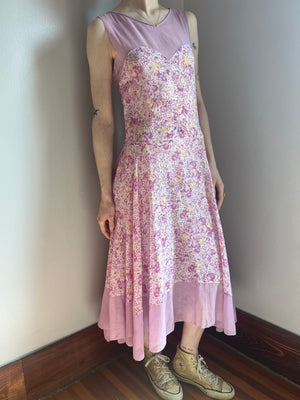 1930s Rose Floral Printed Cotton Bias Cut Dress Gown Bow Purple Yellow